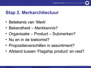 Stap 2. Merkarchitectuur

•   Betekenis van ‘Merk’
•   Bekendheid – Merkkennis?
•   Organisatie – Product – Submerken?
•   Nu en in de toekomst?
•   Propositieverschillen in assortiment?
•   Afstand tussen ‘Flagship product’ en rest?
 