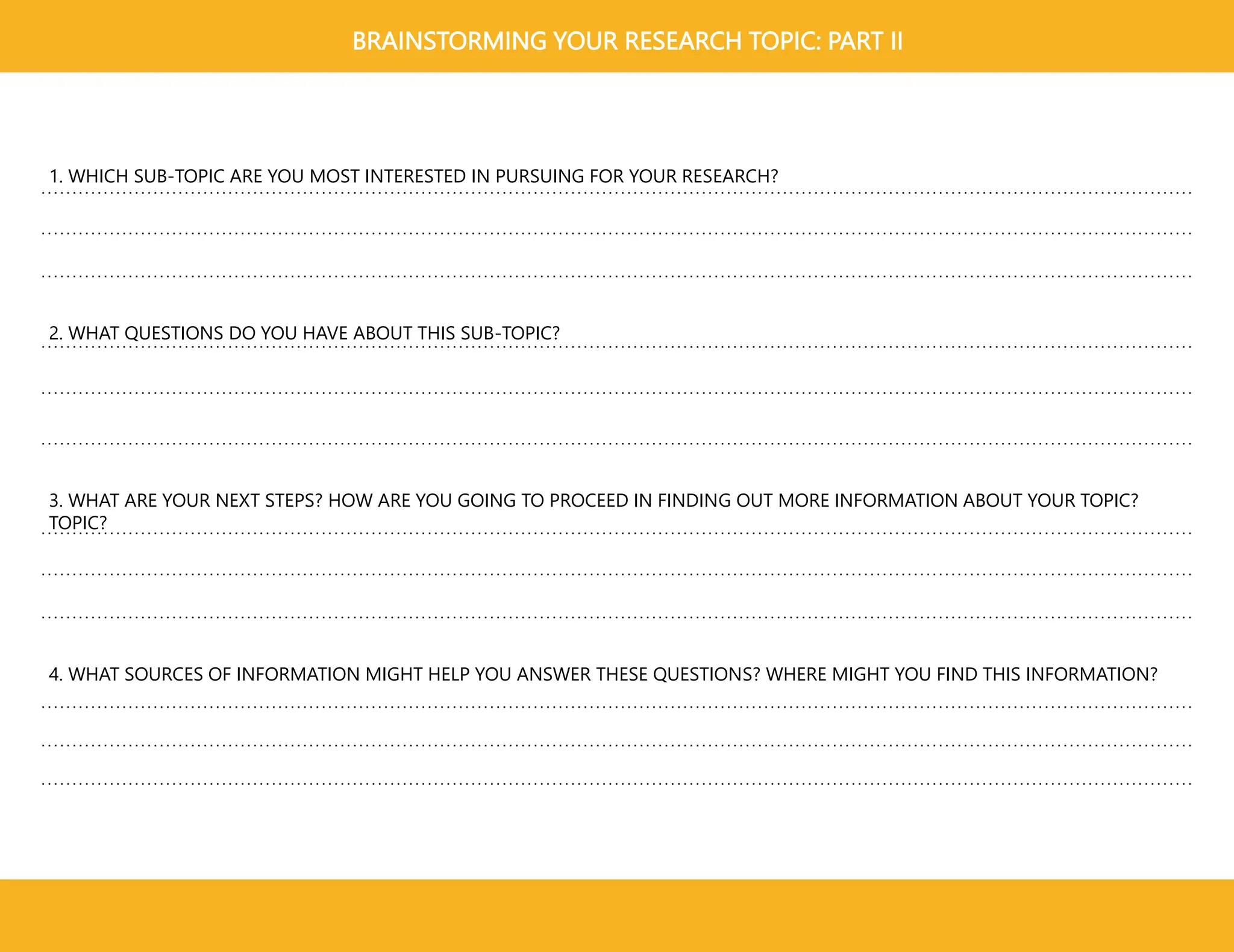 BRAINSTORMING YOUR RESEARCH TOPIC: PART II
1. WHICH SUB-TOPIC ARE YOU MOST INTERESTED IN PURSUING FOR YOUR RESEARCH?
2. WHAT QUESTIONS DO YOU HAVE ABOUT THIS SUB-TOPIC?
3. WHAT ARE YOUR NEXT STEPS? HOW ARE YOU GOING TO PROCEED IN FINDING OUT MORE INFORMATION ABOUT YOUR TOPIC?
TOPIC?
4. WHAT SOURCES OF INFORMATION MIGHT HELP YOU ANSWER THESE QUESTIONS? WHERE MIGHT YOU FIND THIS INFORMATION?