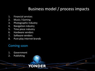 Business model / process impacts
1.   Financial services
2.   Music / Gaming
3.   Photographic Industry
4.   Navigation industry
5.   Time piece industry
6.   Hardware vendors
7.   Software vendors
8.   Pure play internet brands

Coming soon
1.   Government
2.   Publishing
 