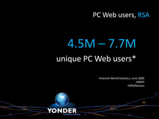 PC Web users, RSA



  4.5M – 7.7M
unique PC Web users*

          •Internet World Statistics, June 2009
                                         •AMPS
                                  •OPA/Nielsen
 