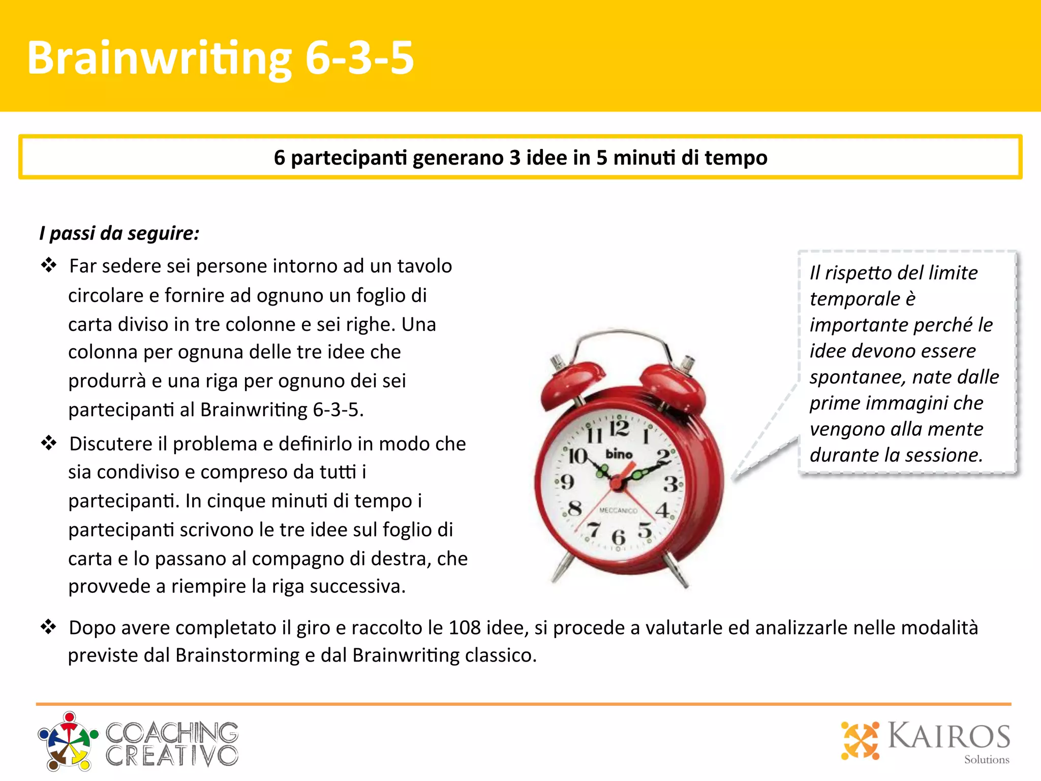 Brainwri>ng	
  6-­‐3-­‐5	
  
I	
  passi	
  da	
  seguire:	
  
v  Far	
  sedere	
  sei	
  persone	
  intorno	
  ad	
  un	
  tavolo	
  
circolare	
  e	
  fornire	
  ad	
  ognuno	
  un	
  foglio	
  di	
  
carta	
  diviso	
  in	
  tre	
  colonne	
  e	
  sei	
  righe.	
  Una	
  
colonna	
  per	
  ognuna	
  delle	
  tre	
  idee	
  che	
  
produrrà	
  e	
  una	
  riga	
  per	
  ognuno	
  dei	
  sei	
  
partecipan2	
  al	
  Brainwri2ng	
  6-­‐3-­‐5.	
  
v  Discutere	
  il	
  problema	
  e	
  deﬁnirlo	
  in	
  modo	
  che	
  
sia	
  condiviso	
  e	
  compreso	
  da	
  tu`	
  i	
  
partecipan2.	
  In	
  cinque	
  minu2	
  di	
  tempo	
  i	
  
partecipan2	
  scrivono	
  le	
  tre	
  idee	
  sul	
  foglio	
  di	
  
carta	
  e	
  lo	
  passano	
  al	
  compagno	
  di	
  destra,	
  che	
  
provvede	
  a	
  riempire	
  la	
  riga	
  successiva.	
  
6	
  partecipan>	
  generano	
  3	
  idee	
  in	
  5	
  minu>	
  di	
  tempo	
  
	
  
Il	
  rispe;o	
  del	
  limite	
  
temporale	
  è	
  
importante	
  perché	
  le	
  
idee	
  devono	
  essere	
  
spontanee,	
  nate	
  dalle	
  
prime	
  immagini	
  che	
  
vengono	
  alla	
  mente	
  
durante	
  la	
  sessione.	
  
v  Dopo	
  avere	
  completato	
  il	
  giro	
  e	
  raccolto	
  le	
  108	
  idee,	
  si	
  procede	
  a	
  valutarle	
  ed	
  analizzarle	
  nelle	
  modalità	
  
previste	
  dal	
  Brainstorming	
  e	
  dal	
  Brainwri2ng	
  classico.	
  
 
