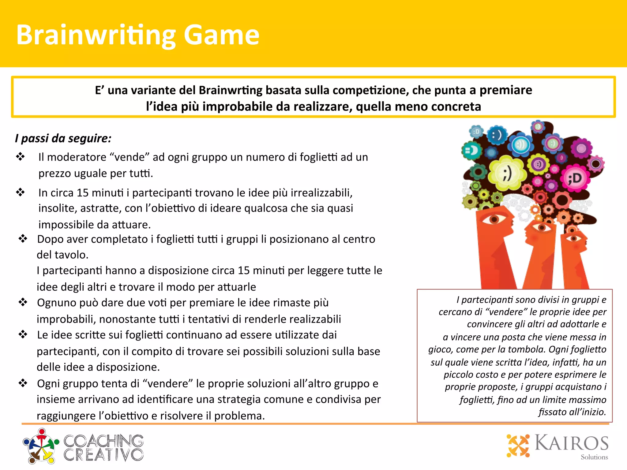 Brainwri>ng	
  Game	
  	
  
I	
  passi	
  da	
  seguire:	
  
v  Il	
  moderatore	
  “vende”	
  ad	
  ogni	
  gruppo	
  un	
  numero	
  di	
  foglie`	
  ad	
  un	
  
prezzo	
  uguale	
  per	
  tu`.	
  
v  In	
  circa	
  15	
  minu2	
  i	
  partecipan2	
  trovano	
  le	
  idee	
  più	
  irrealizzabili,	
  
insolite,	
  astra[e,	
  con	
  l’obie`vo	
  di	
  ideare	
  qualcosa	
  che	
  sia	
  quasi	
  
impossibile	
  da	
  a[uare.	
  
E’	
  una	
  variante	
  del	
  Brainwr>ng	
  basata	
  sulla	
  compe>zione,	
  che	
  punta	
  a	
  premiare	
  	
  
l’idea	
  più	
  improbabile	
  da	
  realizzare,	
  quella	
  meno	
  concreta	
  
I	
  partecipan0	
  sono	
  divisi	
  in	
  gruppi	
  e	
  
cercano	
  di	
  “vendere”	
  le	
  proprie	
  idee	
  per	
  
convincere	
  gli	
  altri	
  ad	
  ado;arle	
  e	
  	
  
a	
  vincere	
  una	
  posta	
  che	
  viene	
  messa	
  in	
  
gioco,	
  come	
  per	
  la	
  tombola.	
  Ogni	
  foglie;o	
  
sul	
  quale	
  viene	
  scri;a	
  l’idea,	
  infaD,	
  ha	
  un	
  
piccolo	
  costo	
  e	
  per	
  potere	
  esprimere	
  le	
  
proprie	
  proposte,	
  i	
  gruppi	
  acquistano	
  i	
  
foglieD,	
  ﬁno	
  ad	
  un	
  limite	
  massimo	
  	
  
ﬁssato	
  all’inizio.	
  
v  Dopo	
  aver	
  completato	
  i	
  foglie`	
  tu`	
  i	
  gruppi	
  li	
  posizionano	
  al	
  centro	
  
del	
  tavolo.	
  
I	
  partecipan2	
  hanno	
  a	
  disposizione	
  circa	
  15	
  minu2	
  per	
  leggere	
  tu[e	
  le	
  
idee	
  degli	
  altri	
  e	
  trovare	
  il	
  modo	
  per	
  a[uarle	
  
v  Ognuno	
  può	
  dare	
  due	
  vo2	
  per	
  premiare	
  le	
  idee	
  rimaste	
  più	
  
improbabili,	
  nonostante	
  tu`	
  i	
  tenta2vi	
  di	
  renderle	
  realizzabili	
  
v  Le	
  idee	
  scri[e	
  sui	
  foglie`	
  con2nuano	
  ad	
  essere	
  u2lizzate	
  dai	
  
partecipan2,	
  con	
  il	
  compito	
  di	
  trovare	
  sei	
  possibili	
  soluzioni	
  sulla	
  base	
  
delle	
  idee	
  a	
  disposizione.	
  	
  	
  
v  Ogni	
  gruppo	
  tenta	
  di	
  “vendere”	
  le	
  proprie	
  soluzioni	
  all’altro	
  gruppo	
  e	
  
insieme	
  arrivano	
  ad	
  iden2ﬁcare	
  una	
  strategia	
  comune	
  e	
  condivisa	
  per	
  
raggiungere	
  l’obie`vo	
  e	
  risolvere	
  il	
  problema.	
  
 