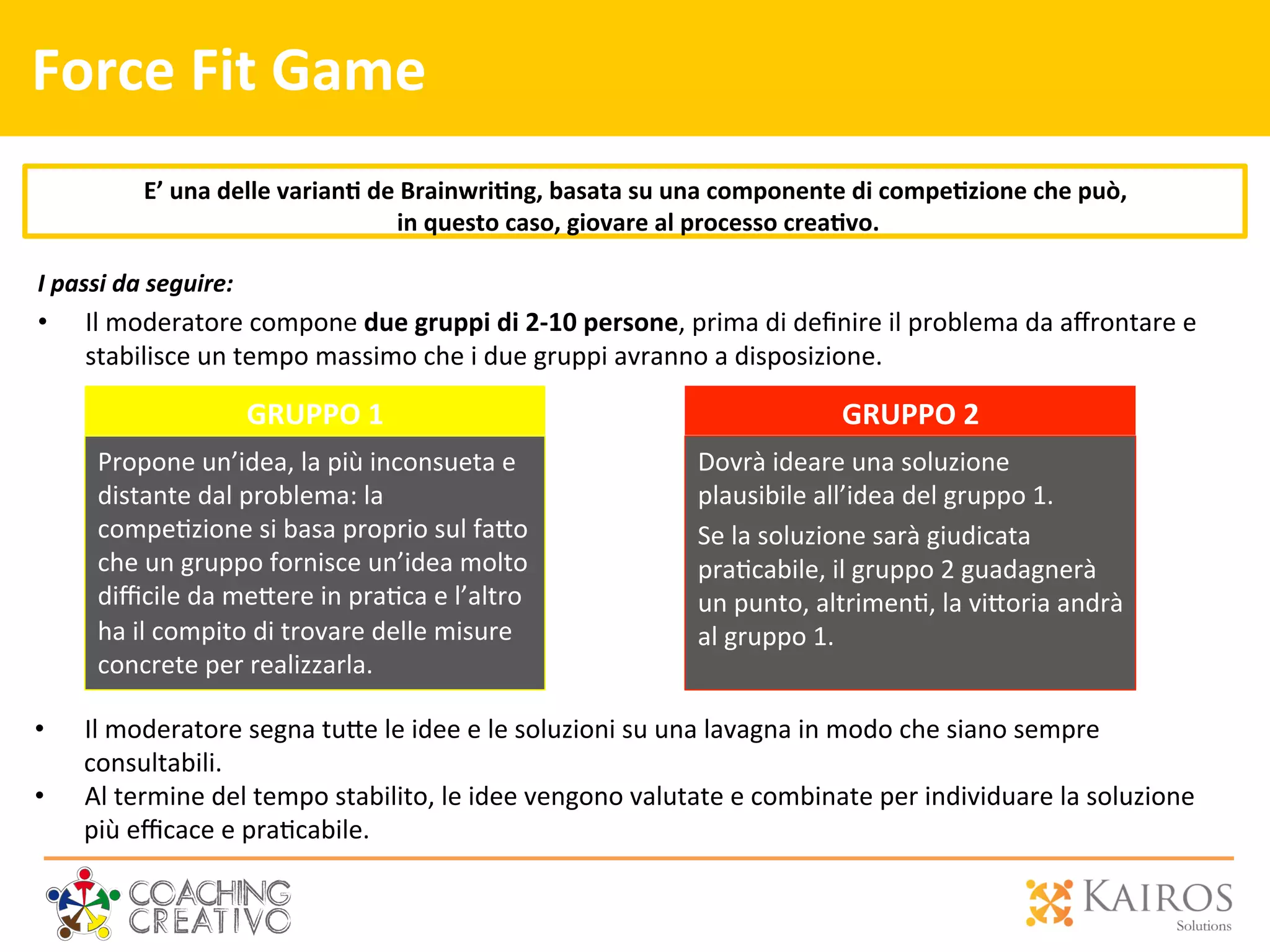 Force	
  Fit	
  Game	
  
I	
  passi	
  da	
  seguire:	
  
•  Il	
  moderatore	
  compone	
  due	
  gruppi	
  di	
  2-­‐10	
  persone,	
  prima	
  di	
  deﬁnire	
  il	
  problema	
  da	
  aﬀrontare	
  e	
  
stabilisce	
  un	
  tempo	
  massimo	
  che	
  i	
  due	
  gruppi	
  avranno	
  a	
  disposizione.	
  
	
  
E’	
  una	
  delle	
  varian>	
  de	
  Brainwri>ng,	
  basata	
  su	
  una	
  componente	
  di	
  compe>zione	
  che	
  può,	
  
	
  in	
  questo	
  caso,	
  giovare	
  al	
  processo	
  crea>vo.	
  
•  Il	
  moderatore	
  segna	
  tu[e	
  le	
  idee	
  e	
  le	
  soluzioni	
  su	
  una	
  lavagna	
  in	
  modo	
  che	
  siano	
  sempre	
  
consultabili.	
  
•  Al	
  termine	
  del	
  tempo	
  stabilito,	
  le	
  idee	
  vengono	
  valutate	
  e	
  combinate	
  per	
  individuare	
  la	
  soluzione	
  
più	
  eﬃcace	
  e	
  pra2cabile.	
  
Dovrà	
  ideare	
  una	
  soluzione	
  
plausibile	
  all’idea	
  del	
  gruppo	
  1.	
  	
  
Se	
  la	
  soluzione	
  sarà	
  giudicata	
  
pra2cabile,	
  il	
  gruppo	
  2	
  guadagnerà	
  
un	
  punto,	
  altrimen2,	
  la	
  vi[oria	
  andrà	
  
al	
  gruppo	
  1.	
  
Propone	
  un’idea,	
  la	
  più	
  inconsueta	
  e	
  
distante	
  dal	
  problema:	
  la	
  
compe2zione	
  si	
  basa	
  proprio	
  sul	
  fa[o	
  
che	
  un	
  gruppo	
  fornisce	
  un’idea	
  molto	
  
diﬃcile	
  da	
  me[ere	
  in	
  pra2ca	
  e	
  l’altro	
  
ha	
  il	
  compito	
  di	
  trovare	
  delle	
  misure	
  
concrete	
  per	
  realizzarla.	
  
GRUPPO	
  2	
  
	
  
GRUPPO	
  1	
  
 