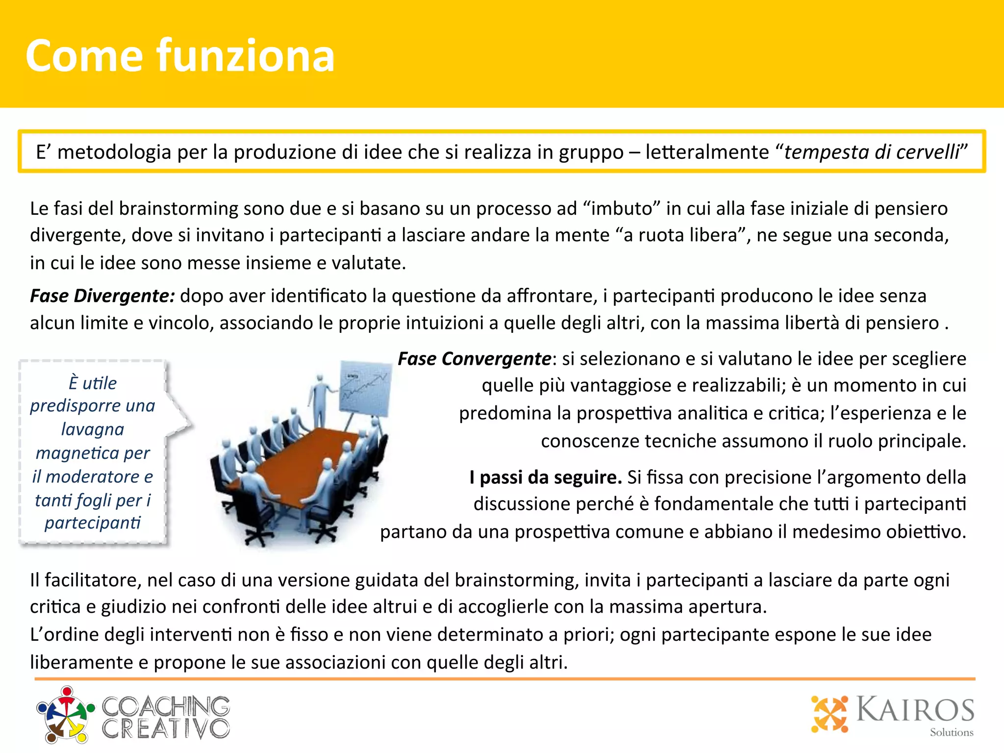 Come	
  funziona	
  
Le	
  fasi	
  del	
  brainstorming	
  sono	
  due	
  e	
  si	
  basano	
  su	
  un	
  processo	
  ad	
  “imbuto”	
  in	
  cui	
  alla	
  fase	
  iniziale	
  di	
  pensiero	
  
divergente,	
  dove	
  si	
  invitano	
  i	
  partecipan2	
  a	
  lasciare	
  andare	
  la	
  mente	
  “a	
  ruota	
  libera”,	
  ne	
  segue	
  una	
  seconda,	
  
in	
  cui	
  le	
  idee	
  sono	
  messe	
  insieme	
  e	
  valutate.	
  	
  
Fase	
  Divergente:	
  dopo	
  aver	
  iden2ﬁcato	
  la	
  ques2one	
  da	
  aﬀrontare,	
  i	
  partecipan2	
  producono	
  le	
  idee	
  senza	
  
alcun	
  limite	
  e	
  vincolo,	
  associando	
  le	
  proprie	
  intuizioni	
  a	
  quelle	
  degli	
  altri,	
  con	
  la	
  massima	
  libertà	
  di	
  pensiero	
  .	
  
	
  
	
  
E’	
  metodologia	
  per	
  la	
  produzione	
  di	
  idee	
  che	
  si	
  realizza	
  in	
  gruppo	
  –	
  le[eralmente	
  “tempesta	
  di	
  cervelli”	
  
È	
  u0le	
  
predisporre	
  una	
  
lavagna	
  
magne0ca	
  per	
  
il	
  moderatore	
  e	
  
tan0	
  fogli	
  per	
  i	
  
partecipan0	
  	
  
Fase	
  Convergente:	
  si	
  selezionano	
  e	
  si	
  valutano	
  le	
  idee	
  per	
  scegliere	
  
quelle	
  più	
  vantaggiose	
  e	
  realizzabili;	
  è	
  un	
  momento	
  in	
  cui	
  
predomina	
  la	
  prospe`va	
  anali2ca	
  e	
  cri2ca;	
  l’esperienza	
  e	
  le	
  
conoscenze	
  tecniche	
  assumono	
  il	
  ruolo	
  principale.	
  	
  
	
  
	
  
	
  
	
  	
   	
  I	
  passi	
  da	
  seguire.	
  Si	
  ﬁssa	
  con	
  precisione	
  l’argomento	
  della	
  
	
  discussione	
  perché	
  è	
  fondamentale	
  che	
  tu`	
  i	
  partecipan2	
  
partano	
  da	
  una	
  prospe`va	
  comune	
  e	
  abbiano	
  il	
  medesimo	
  obie`vo.	
  
	
  
Il	
  facilitatore,	
  nel	
  caso	
  di	
  una	
  versione	
  guidata	
  del	
  brainstorming,	
  invita	
  i	
  partecipan2	
  a	
  lasciare	
  da	
  parte	
  ogni	
  
cri2ca	
  e	
  giudizio	
  nei	
  confron2	
  delle	
  idee	
  altrui	
  e	
  di	
  accoglierle	
  con	
  la	
  massima	
  apertura.	
  
L’ordine	
  degli	
  interven2	
  non	
  è	
  ﬁsso	
  e	
  non	
  viene	
  determinato	
  a	
  priori;	
  ogni	
  partecipante	
  espone	
  le	
  sue	
  idee	
  
liberamente	
  e	
  propone	
  le	
  sue	
  associazioni	
  con	
  quelle	
  degli	
  altri.	
  
	
  
 