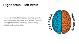 Right brain – left brain
In general, the left hemisphere controls speech,
comprehension, arithmetic, and writing. The right
hemisphere controls creativity, spatial ability,
artistic, and musical skills.
 