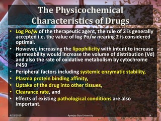 The Physicochemical
Characteristics of Drugs
• Log Po/w of the therapeutic agent, the rule of 2 is generally
accepted i.e. the value of log Po/w nearing 2 is considered
optimal.
• However, increasing the lipophilicity with intent to increase
permeability would increase the volume of distribution (Vd)
and also the rate of oxidative metabolism by cytochrome
P450
• Peripheral factors including systemic enzymatic stability,
• Plasma protein binding affinity,
• Uptake of the drug into other tissues,
• Clearance rate, and
• Effects of existing pathological conditions are also
important.
4/18/2019 14Apeejay Stya University
 