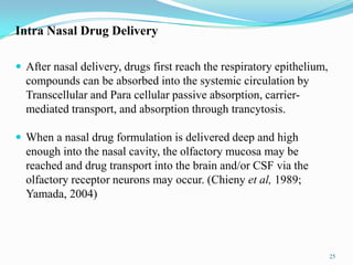 Intra Nasal Drug Delivery
 After nasal delivery, drugs first reach the respiratory epithelium,
compounds can be absorbed into the systemic circulation by
Transcellular and Para cellular passive absorption, carrier-
mediated transport, and absorption through trancytosis.
 When a nasal drug formulation is delivered deep and high
enough into the nasal cavity, the olfactory mucosa may be
reached and drug transport into the brain and/or CSF via the
olfactory receptor neurons may occur. (Chieny et al, 1989;
Yamada, 2004)
25
 