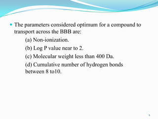  The parameters considered optimum for a compound to
transport across the BBB are:
(a) Non-ionization.
(b) Log P value near to 2.
(c) Molecular weight less than 400 Da.
(d) Cumulative number of hydrogen bonds
between 8 to10.
6
 