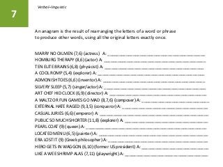 MARRY NO OILMEN (7,6) (actress) A: __________________________________________
HOMBURG THERAPY (8,6) (actor) A: ____________________________________________
TEN ELITE BRAINS (6,8) (physicist) A: ___________________________________________
A COOL ROMP (5,4) (explorer) A: ______________________________________________
ADMONISH TOES (6,6) (inventor) A: ____________________________________________
SILVERY SLEEP (5,7) (singer/actor) A: ____________________________________________
ART CHEF HID CLOCK (6,9) (director) A: __________________________________________
A WALTZ OR FUN GAMES GO MAD (8,7,6) (composer) A: _____________________________
EXTERNAL HATE RAGED (9,3,5) (conqueror) A: _____________________________________
CASUAL JURIES (6,6) (emperor) A: _______________________________________________
PUBLIC SO MUCH SHORTER (11,8) (explorer) A: ____________________________________
PEARL COAT (9) (queen) A: ____________________________________________________
LOCATED MENU (6,5) (painter) A: _______________________________________________
ERA LOST IT (9) (Greek philosopher) A: ___________________________________________
HERO GETS IN WAGGON (6,10) (former US president) A: _____________________________
LIKE A WEE SHRIMP ALAS (7,11) (playwright) A: ____________________________________
7
Verbal–linguistic
An anagram is the result of rearranging the letters of a word or phrase
to produce other words, using all the original letters exactly once.
 