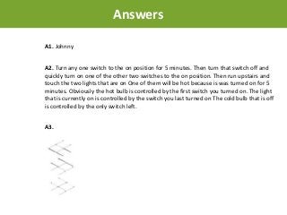 Answers
A3.
A2. Turn any one switch to the on position for 5 minutes. Then turn that switch off and
quickly turn on one of the other two switches to the on position. Then run upstairs and
touch the two lights that are on One of them will be hot because is was turned on for 5
minutes. Obviously the hot bulb is controlled by the first switch you turned on. The light
that is currently on is controlled by the switch you last turned on The cold bulb that is off
is controlled by the only switch left.
A1. Johnny
 