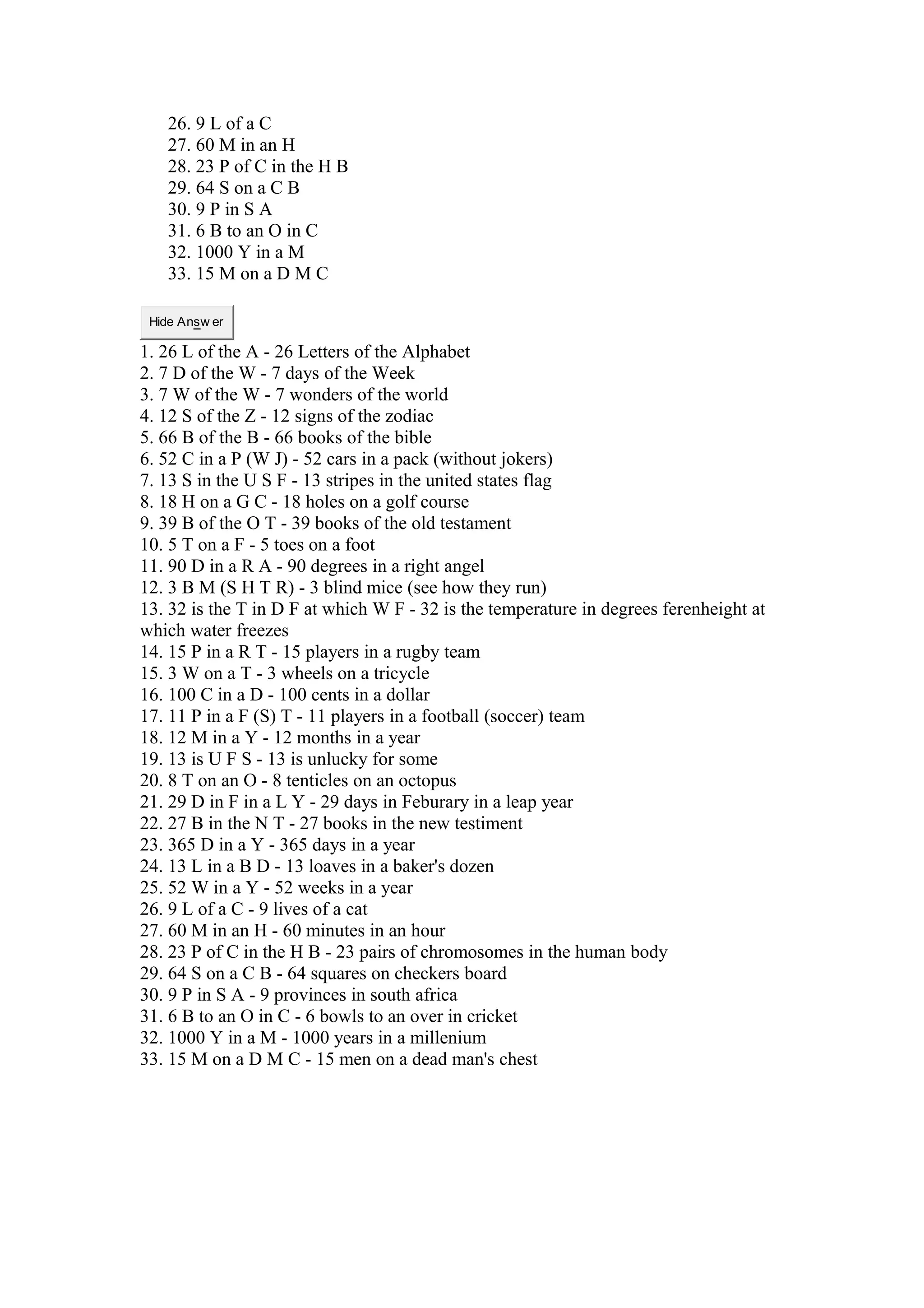 26. 9 L of a C 
27. 60 M in an H 
28. 23 P of C in the H B 
29. 64 S on a C B 
30. 9 P in S A 
31. 6 B to an O in C 
32. 1000 Y in a M 
33. 15 M on a D M C 
Hide Answ er 
1. 26 L of the A - 26 Letters of the Alphabet 
2. 7 D of the W - 7 days of the Week 
3. 7 W of the W - 7 wonders of the world 
4. 12 S of the Z - 12 signs of the zodiac 
5. 66 B of the B - 66 books of the bible 
6. 52 C in a P (W J) - 52 cars in a pack (without jokers) 
7. 13 S in the U S F - 13 stripes in the united states flag 
8. 18 H on a G C - 18 holes on a golf course 
9. 39 B of the O T - 39 books of the old testament 
10. 5 T on a F - 5 toes on a foot 
11. 90 D in a R A - 90 degrees in a right angel 
12. 3 B M (S H T R) - 3 blind mice (see how they run) 
13. 32 is the T in D F at which W F - 32 is the temperature in degrees ferenheight at 
which water freezes 
14. 15 P in a R T - 15 players in a rugby team 
15. 3 W on a T - 3 wheels on a tricycle 
16. 100 C in a D - 100 cents in a dollar 
17. 11 P in a F (S) T - 11 players in a football (soccer) team 
18. 12 M in a Y - 12 months in a year 
19. 13 is U F S - 13 is unlucky for some 
20. 8 T on an O - 8 tenticles on an octopus 
21. 29 D in F in a L Y - 29 days in Feburary in a leap year 
22. 27 B in the N T - 27 books in the new testiment 
23. 365 D in a Y - 365 days in a year 
24. 13 L in a B D - 13 loaves in a baker's dozen 
25. 52 W in a Y - 52 weeks in a year 
26. 9 L of a C - 9 lives of a cat 
27. 60 M in an H - 60 minutes in an hour 
28. 23 P of C in the H B - 23 pairs of chromosomes in the human body 
29. 64 S on a C B - 64 squares on checkers board 
30. 9 P in S A - 9 provinces in south africa 
31. 6 B to an O in C - 6 bowls to an over in cricket 
32. 1000 Y in a M - 1000 years in a millenium 
33. 15 M on a D M C - 15 men on a dead man's chest 
 
