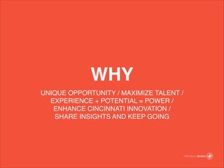 UNIQUE OPPORTUNITY / MAXIMIZE TALENT /!
EXPERIENCE + POTENTIAL = POWER /!
ENHANCE CINCINNATI INNOVATION / ?
SHARE INSIGHTS AND KEEP GOING?
WHY
 