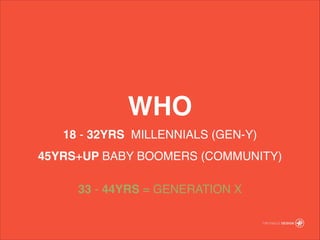 18 - 32YRS MILLENNIALS (GEN-Y)!
45YRS+UP BABY BOOMERS (COMMUNITY)!
!
33 - 44YRS = GENERATION X
WHO
 