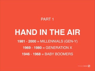 HAND IN THE AIR
1981 - 2000 = MILLENNIALS (GEN-Y)!
1969 - 1980 = GENERATION X!
1946 - 1968 = BABY BOOMERS
PART 1
 