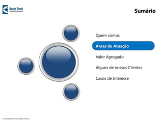Sumário
                                                              Sumário



                                         Quem somos

                                         Áreas de Atuação

                                         Valor Agregado

                                         Alguns de nossos Clientes

                                         Casos de Interesse




© 2011 Brain Trust Consulting Services
 