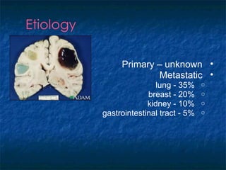 •Primary – unknown
•Metastatic
o35%-lung
o20%-breast
o10%-kidney
o5%-gastrointestinal tract
 