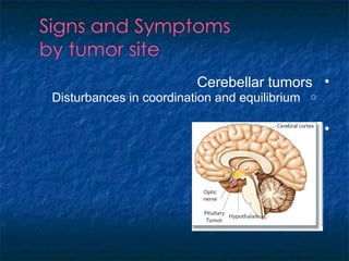 •Cerebellar tumors
oDisturbances in coordination and equilibrium
•Pituitary tumors
oEndocrine
dysfunction
oVisual deficits
oHeadache
 