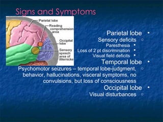 •Parietal lobe
oSensory deficits
Paresthesia
Loss of 2 pt discrimination
Visual field deficits
•Temporal lobe
oPsychomotor seizures – temporal lobe-judgment,
behavior, hallucinations, visceral symptoms, no
convulsions, but loss of consciousness
•Occipital lobe
oVisual disturbances
 