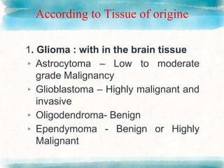 According to Tissue of origine
1. Glioma : with in the brain tissue
▸ Astrocytoma – Low to moderate
grade Malignancy
▸ Glioblastoma – Highly malignant and
invasive
▸ Oligodendroma- Benign
▸ Ependymoma - Benign or Highly
Malignant
 