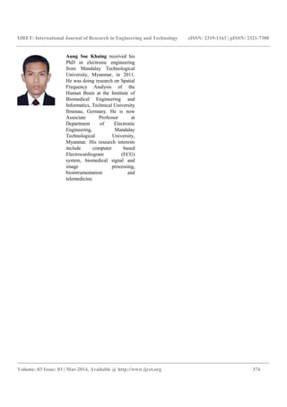 IJRET: International Journal of Research in Engineering and Technology eISSN: 2319-1163 | pISSN: 2321-7308
_______________________________________________________________________________________
Volume: 03 Issue: 03 | Mar-2014, Available @ http://www.ijret.org 374
Aung Soe Khaing received his
PhD in electronic engineering
from Mandalay Technological
University, Myanmar, in 2011.
He was doing research on Spatial
Frequency Analysis of the
Human Brain at the Institute of
Biomedical Engineering and
Informatics, Technical University
Ilmenau, Germany. He is now
Associate Professor at
Department of Electronic
Engineering, Mandalay
Technological University,
Myanmar. His research interests
include computer based
Electrocardiogram (ECG)
system, biomedical signal and
image processing,
biointrumentation and
telemedicine.
 
