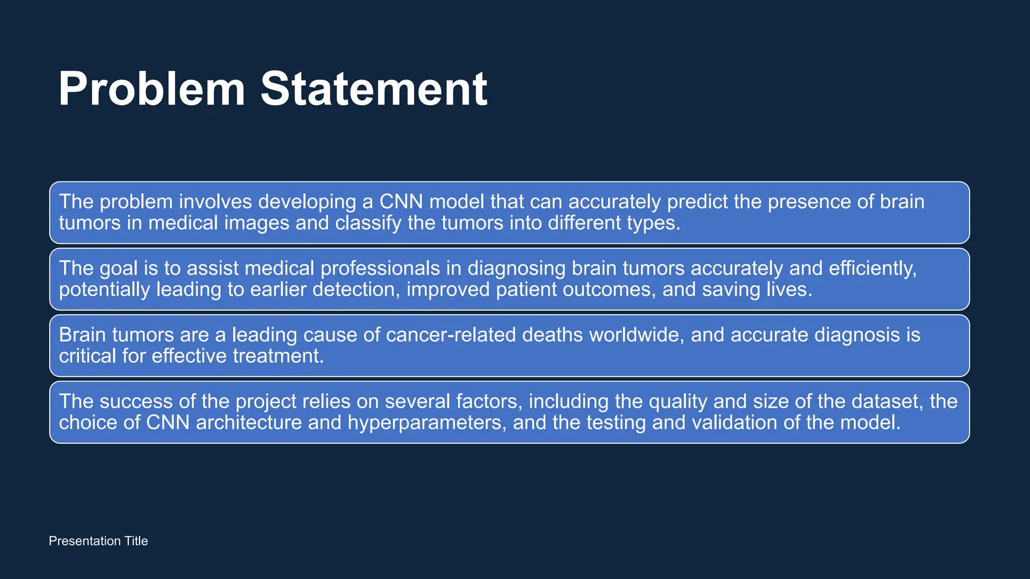 Problem Statement
Presentation Title
The problem involves developing a CNN model that can accurately predict the presence of brain
tumors in medical images and classify the tumors into different types.
The goal is to assist medical professionals in diagnosing brain tumors accurately and efficiently,
potentially leading to earlier detection, improved patient outcomes, and saving lives.
Brain tumors are a leading cause of cancer-related deaths worldwide, and accurate diagnosis is
critical for effective treatment.
The success of the project relies on several factors, including the quality and size of the dataset, the
choice of CNN architecture and hyperparameters, and the testing and validation of the model.
 