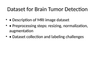 Dataset for Brain Tumor Detection
• • Description of MRI image dataset
• • Preprocessing steps: resizing, normalization,
augmentation
• • Dataset collection and labeling challenges
 