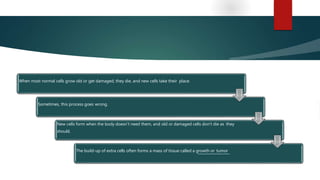 When most normal cells grow old or get damaged, they die, and new cells take their place.
Sometimes, this process goes wrong.
New cells form when the body doesn't need them, and old or damaged cells don't die as they
should.
The build-up of extra cells often forms a mass of tissue called a growth or tumor
 