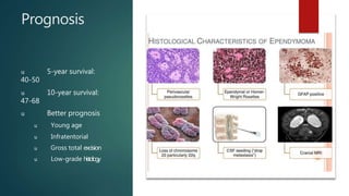 Prognosis
u 5-year survival:
40-50
u 10-year survival:
47-68
u Better prognosis
u Young age
u Infratentorial
u Gross total excision
u Low-grade histology
 