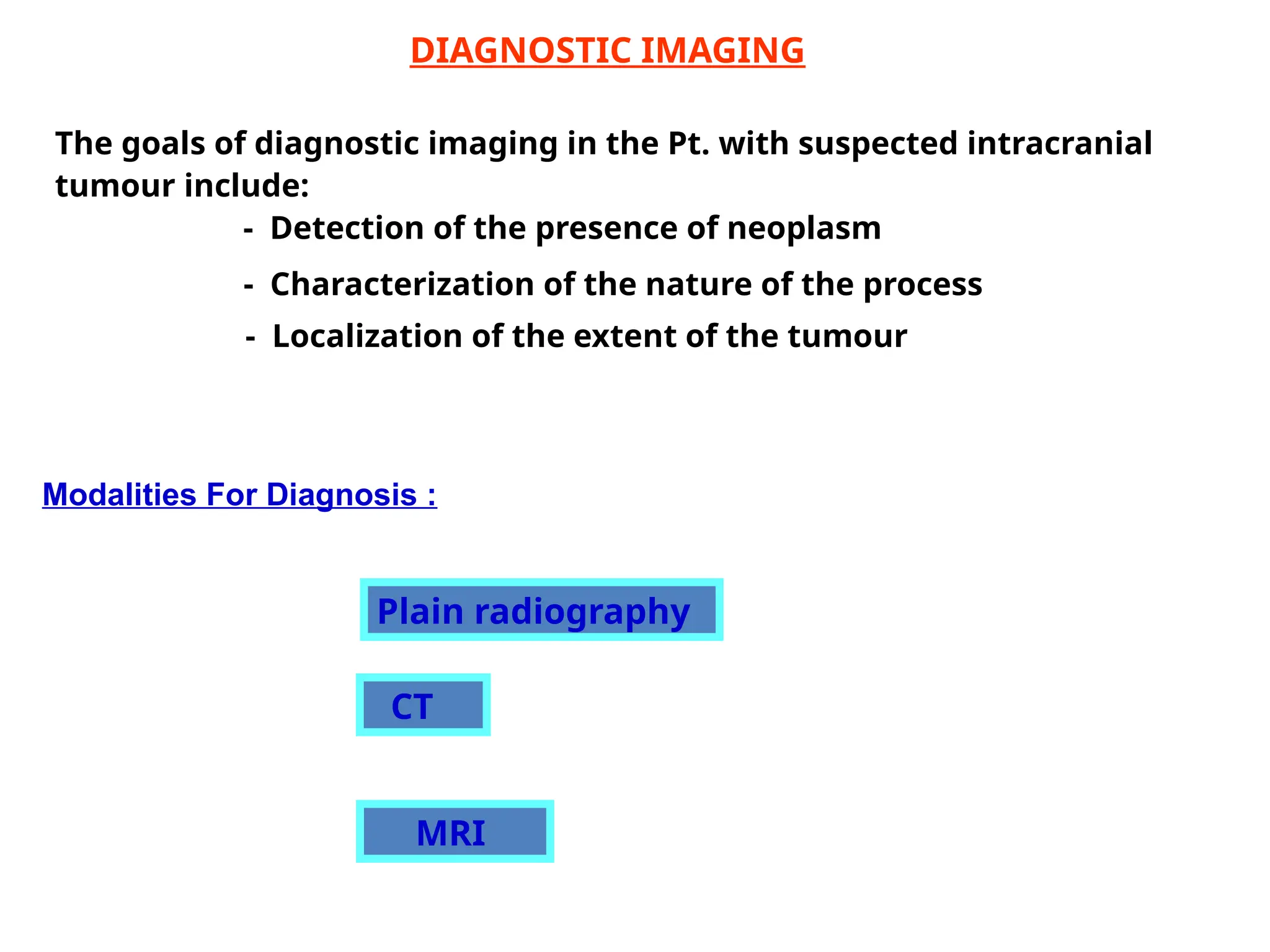 DIAGNOSTIC IMAGING
The goals of diagnostic imaging in the Pt. with suspected intracranial
- Detection of the presence of neoplasm
- Localization of the extent of the tumour
Plain radiography
tumour include:
CT
Modalities For Diagnosis :
MRI
- Characterization of the nature of the process
 