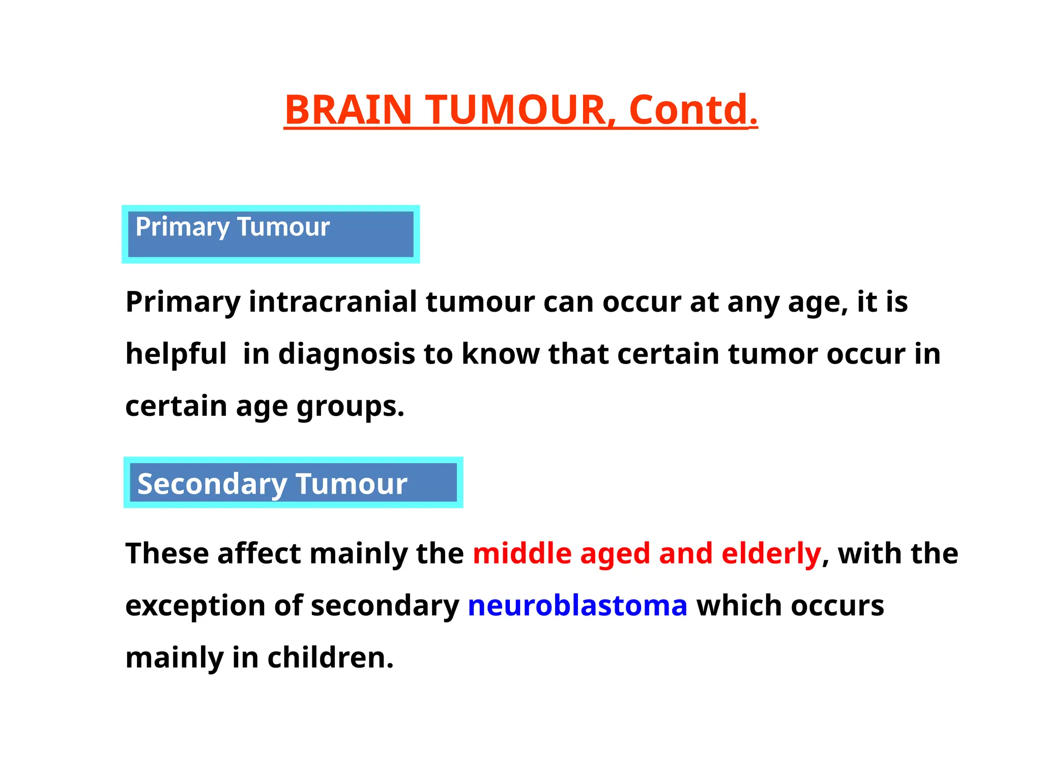 Primary Tumour
Primary intracranial tumour can occur at any age, it is
helpful in diagnosis to know that certain tumor occur in
certain age groups.
BRAIN TUMOUR, Contd.
Secondary Tumour
These affect mainly the middle aged and elderly, with the
exception of secondary neuroblastoma which occurs
mainly in children.
 