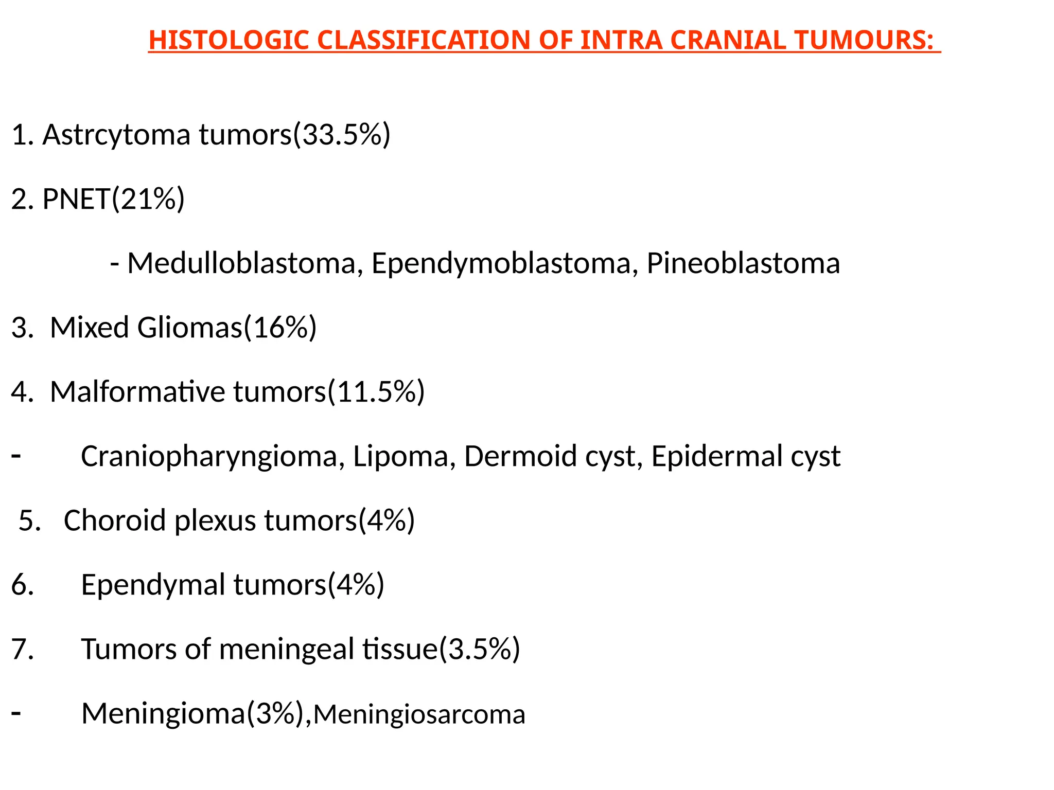1. Astrcytoma tumors(33.5%)
2. PNET(21%)
- Medulloblastoma, Ependymoblastoma, Pineoblastoma
3. Mixed Gliomas(16%)
4. Malformative tumors(11.5%)
- Craniopharyngioma, Lipoma, Dermoid cyst, Epidermal cyst
5. Choroid plexus tumors(4%)
6. Ependymal tumors(4%)
7. Tumors of meningeal tissue(3.5%)
- Meningioma(3%),Meningiosarcoma
HISTOLOGIC CLASSIFICATION OF INTRA CRANIAL TUMOURS:
 