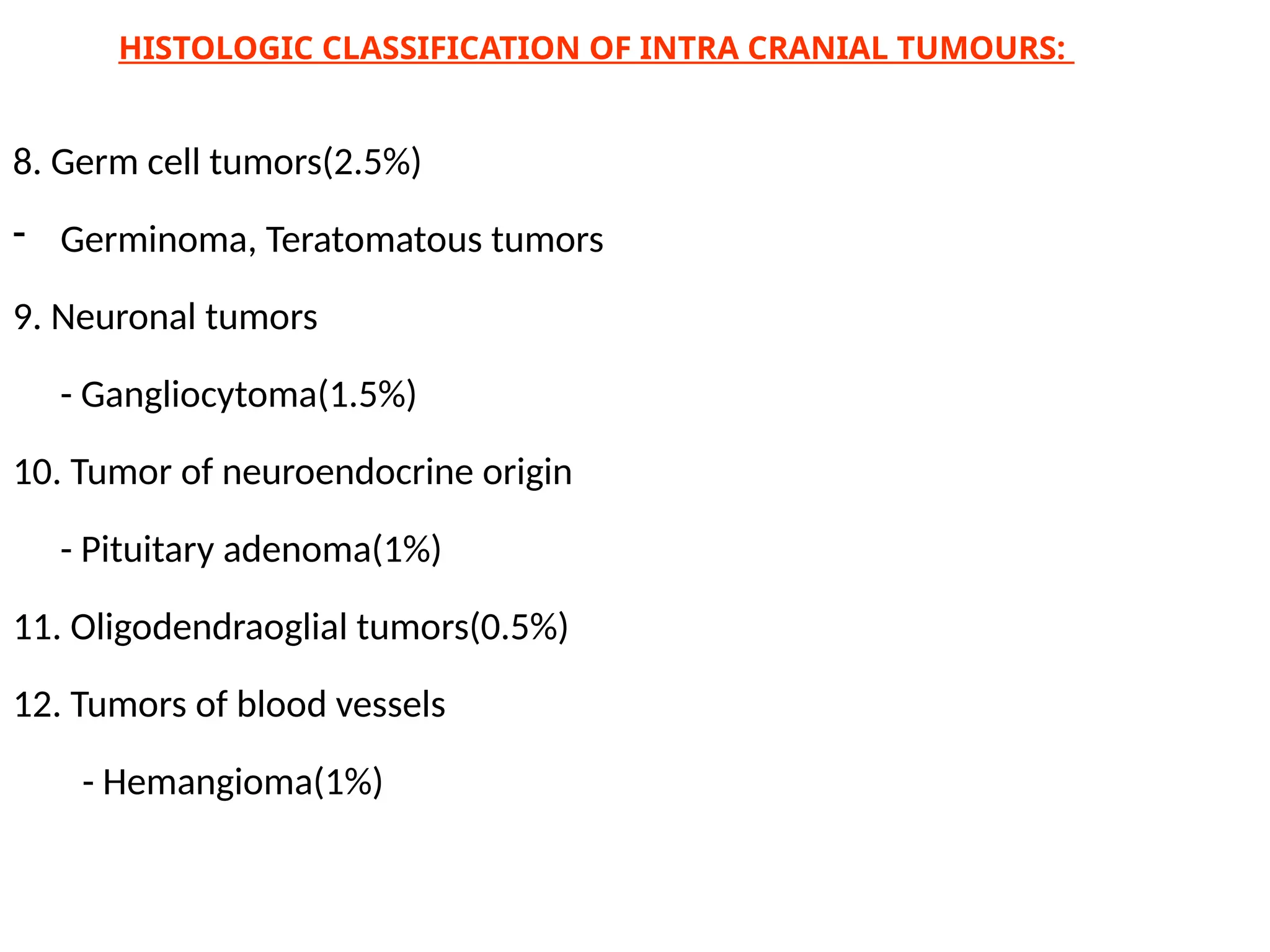 8. Germ cell tumors(2.5%)
- Germinoma, Teratomatous tumors
9. Neuronal tumors
- Gangliocytoma(1.5%)
10. Tumor of neuroendocrine origin
- Pituitary adenoma(1%)
11. Oligodendraoglial tumors(0.5%)
12. Tumors of blood vessels
- Hemangioma(1%)
HISTOLOGIC CLASSIFICATION OF INTRA CRANIAL TUMOURS:
 