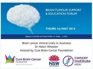 Brain cancer clinical trials in Australia
Dr Helen Wheeler
Hosted by Cure Brain Cancer Foundation
 