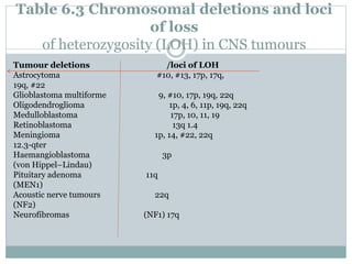 Table 6.3 Chromosomal deletions and loci
of loss
of heterozygosity (LOH) in CNS tumours
Tumour deletions /loci of LOH
Astrocytoma #10, #13, 17p, 17q,
19q, #22
Glioblastoma multiforme 9, #10, 17p, 19q, 22q
Oligodendroglioma 1p, 4, 6, 11p, 19q, 22q
Medulloblastoma 17p, 10, 11, 19
Retinoblastoma 13q 1.4
Meningioma 1p, 14, #22, 22q
12.3-qter
Haemangioblastoma 3p
(von Hippel–Lindau)
Pituitary adenoma 11q
(MEN1)
Acoustic nerve tumours 22q
(NF2)
Neurofibromas (NF1) 17q
 