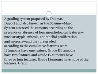 A grading system proposed by Daumas-
Duport and also known as the St Anne–Mayo
System assessed the tumours according to the
presence or absence of four morphological features—
nuclear atypia, mitosis, endothelial proliferation,
and necrosis—and they are graded
according to the cumulative features score.
II tumours have one feature, Grade III tumours
have two features and Grade IV tumours have
three or four features. Grade I tumours have none of the
features, Grade
 