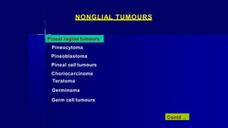 NONGLIAL TUMOURS
Pineal region tumours
Pineocytoma
Pineoblastoma
Pineal cell tumours
Choriocarcinoma
Teratoma
Germinoma
Germ cell tumours
Contd ..
 