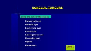 NONGLIAL TUMOURS
Cysts and tumour like lesions
Rathke cleft cyst
Dermoid cyst
Epidermoid cyst
Colloid cyst
Enterogenous cyst
Neuroglial cyst
Lipoma
Hamartoma
Contd .
.
 
