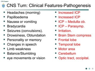 CNS TumorsCNS Tumors
CNS Tum: Clinical Features-Pathogenesis
 Headaches (morning)
 Papilloedema
 Nausea or vomiting
 Bradycardia
 Seizures (convulsions).
 Drowsiness, Obtundation
 Personality or memory
 Changes in speech
 Limb weakness
 Balance/Stumbling
 eye movements or vision
 Increased ICP
 Increased ICP
 ICP – Medulla ob.
 ICP – Parasymp.
 Irritation.Cortex
 Brain Stem compress
 Frontal lobe
 Temporal lobe
 Motor area
 Cerebellum
 Optic tract, occipital.
 