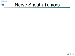 CNS TumorsCNS Tumors
pituitary tumors
 Pituitary adenomas:Tumors from anterior
pituitary component.Secreting or
nonSecreting chromopobe adenomas.
 Posterior pituitary (neuro-hypophysis):tumors
that decrease secreting Anti diuretic
hormone (ADH). Polyuria
 