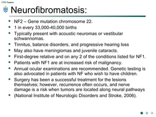 CNS TumorsCNS Tumors
Neurofibromatosis:
 Autosomal dominant,
 NF1- Peripheral/Von Recklinghausen’s
 NF2- known as central NF.
 However, NF1 may cause central characteristics.
 About 50% familial, 50% sporadic gene mutation.
 NF1/ von Recklinghausen disease, gene mutation
on chromosome 17, 1 in every 3000-4000 births.
Diagnosis of NF1 if > 2 of
 6 or more café au lait spots (irregularly shaped, evenly
pigmented, brown macules),
 2 or more neurofibromas,
 axillary or inguinal freckling,
 Lisch nodules on the iris or optic glioma,
 various types of osseous lesions,
 a first-degree relative with the condition.
 