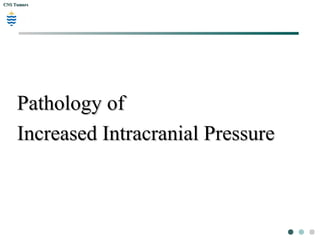 CNS TumorsCNS Tumors
Summary:
 Children – 70% INFRAtentorial
 Adults – 70% SUPRAtentorial
 Common Malignant - adults, metastatic tumors (Lungs)
 Common - adults – glioblastoma multiforme
Intracerebral
 Common Benign - children – cerebellar astrocytoma.
 Common Malig - children – cerebellar
medulloblastoma
 Very rare in children– meninges and schwann cells
tumours(meningiomas and schwannomas) – usually
found in adults
 