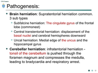 CNS TumorsCNS Tumors
Pathogenesis:
 Increased intracranial pressure (ICP): - if >
40 mm Hg  cerebral hypoxia, cerebral
ischemia, cerebral edema, hydrocephalus, and
brain herniation.
 Cerebral edema: Edema - Disruption of the
blood brain barrier – vasodilatation – swelling.
 Hydrocephalus  communicating OR NON
communicating type according to tumor site.
 