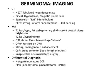 GERMINOMA: IMAGING
• CT
– NECT: lobulated hyperdense mass
– Pineal: Hyperdense, “engulfs” pineal Ca++
– Suprasellar: “FAT” infundibulum
– CECT: strong uniform enhancement, +- CSF seeding
• MR
– T1 iso-/hypo, Fat stalk/pituitary glnd- absent post pituitary
bright spot
– T2 iso-/hyperintense
– GRE shows Ca++, hemorrhage “bloom”
– Often restricts on DWI
– Strong, homogeneous enhancement
– CSF spread common (look for other lesions)
– Image entire neuraxis before surgery!
• Differential Diagnosis
– Nongerminomatous GCT
– PPTs (pineocytoma, pineoblastoma, PPTID)
 