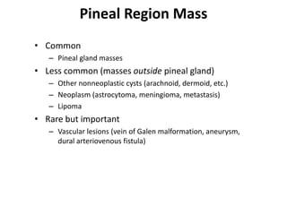 Pineal Region Mass
• Common
– Pineal gland masses
• Less common (masses outside pineal gland)
– Other nonneoplastic cysts (arachnoid, dermoid, etc.)
– Neoplasm (astrocytoma, meningioma, metastasis)
– Lipoma
• Rare but important
– Vascular lesions (vein of Galen malformation, aneurysm,
dural arteriovenous fistula)
 