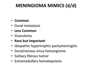 MENINGIOMA MIMICS (d/d)
• Common
• Dural metastasis
• Less Common
• Granuloma
• Rare but Important
• Idiopathic hypertrophic pachymeningitis
• Dural/venous sinus hemangioma
• Solitary fibrous tumor
• Extramedullary hematopoiesis
 
