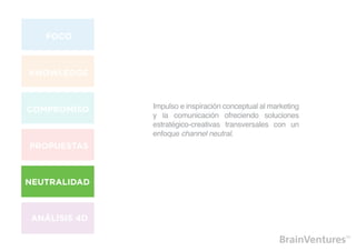 Impulso e inspiración conceptual al marketing
y la comunicación ofreciendo soluciones
estratégico-creativas transversales con un
enfoque channel neutral.
 