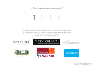 ¿Cómo ayudamos a las marcas?




           1 2 3 4
Ayudamos a las marcas a que encuentren lo genuino
y único que hay en ellas, a través de visiones que las
             inspiren y las hagan crecer.
 