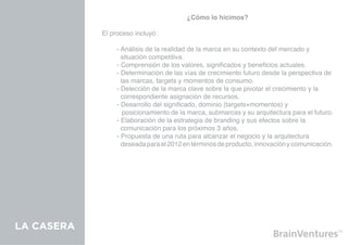 ¿Cómo lo hicimos?

            El proceso incluyó:

            	    - Análisis de la realidad de la marca en su contexto del mercado y 		
            	      situación competitiva.
            	    - Comprensión de los valores, significados y beneficios actuales.
            	    - Determinación de las vías de crecimiento futuro desde la perspectiva de 	
            	      las marcas, targets y momentos de consumo.
            	    - Delección de la marca clave sobre la que pivotar el crecimiento y la 		
            	      correspondiente asignación de recursos.
            	    - Desarrollo del significado, dominio (targets+momentos) y
            	       posicionamiento de la marca, submarcas y su arquitectura para el futuro.
            	    - Elaboración de la estrategia de branding y sus efectos sobre la 			
            	      comunicación para los próximos 3 años.
            	    - Propuesta de una ruta para alcanzar el negocio y la arquitectura
            	      deseada para el 2012 en términos de producto, innovación y comunicación.




LA CASERA
 