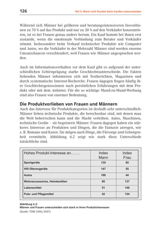 126                                       Teil 2: Worin sich Kunden beim Kaufen unterscheiden



Während sich Männer bei größeren und beratungsintensiveren Investitio-
nen zu 70 % auf das Produkt und nur zu 30 % auf den Verkäufer konzentrie-
ren, ist es bei Frauen genau anders herum. Ein Kauf kommt bei ihnen erst
zustande, wenn die emotionale Verbindung zum Berater und Verkäufer
stimmt. Insbesondere beim Verkauf technischer Produkte wie Computer
und Autos, wo die Verkäufer in der Mehrzahl Männer sind werden enorme
Umsatzchancen verschleudert, weil Frauen wie Männer angesprochen wer-
den.

Auch im Informationsverhalten vor dem Kauf gibt es aufgrund der unter-
schiedlichen Gehirnprägung starke Geschlechtsunterschiede. Die Fakten
liebenden Männer informieren sich mit Testberichten, Magazinen und
durch systematische Internet-Recherche. Frauen dagegen fragen häufig ih-
re Geschlechtsgenossinnen nach persönlichen Erfahrungen mit dem Pro-
dukt oder mit dem Anbieter. Für die so wichtige Mund-zu-Mund-Werbung
sind also Frauen von enormer Bedeutung.

Die Produktvorlieben von Frauen und Männern
Auch das Interesse für Produktkategorien ist deshalb sehr unterschiedlich:
Männer lieben technische Produkte, die berechenbar sind, mit denen man
die Welt beherrschen kann und die Macht verleihen. Autos, Maschinen,
technische Geräte – sie begeistern Männer. Frauen dagegen haben ein stär-
keres Interesse an Produkten und Dingen, die die Fantasie anregen, wie
z. B. Romane und Kunst. Sie mögen auch Dinge, die Fürsorge und Geborgen-
heit vermitteln. Abbildung 6.2 zeigt wie stark diese Unterschiede
tatsächliche sind.




Abbildung 6.2:
Männer und Frauen unterscheiden sich stark in ihren Produktinteressen
(Quelle: TDWI 2006/2007)
 