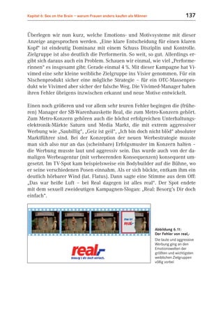 Kapitel 6: Sex on the Brain – warum Frauen anders kaufen als Männer                      137


Überlegen wir nun kurz, welche Emotions- und Motivsysteme mit dieser
Anzeige angesprochen werden. „Eine klare Entscheidung für einen klaren
Kopf“ ist eindeutig Dominanz mit einem Schuss Disziplin und Kontrolle.
Zielgruppe ist also deutlich die Performerin. So weit, so gut. Allerdings er-
gibt sich daraus auch ein Problem. Schauen wir einmal, wie viel „Performe-
rinnen“ es insgesamt gibt: Gerade einmal 4 %. Mit dieser Kampagne hat Vi-
vimed eine sehr kleine weibliche Zielgruppe ins Visier genommen. Für ein
Nischenprodukt sicher eine mögliche Strategie – für ein OTC-Massenpro-
dukt wie Vivimed aber sicher der falsche Weg. Die Vivimed-Manager haben
ihren Fehler übrigens inzwischen erkannt und neue Motive entwickelt.

Einen noch größeren und vor allem sehr teuren Fehler begingen die (frühe-
ren) Manager der SB-Warenhauskette Real, die zum Metro-Konzern gehört.
Zum Metro-Konzern gehören auch die höchst erfolgreichen Unterhaltungs-
elektronik-Märkte Saturn und Media Markt, die mit extrem aggressiver
Werbung wie „Saubillig“, „Geiz ist geil“, „Ich bin doch nicht blöd“ absoluter
Marktführer sind. Bei der Konzeption der neuen Werbestrategie musste
man sich also nur an das (scheinbare) Erfolgsmuster im Konzern halten –
die Werbung musste laut und aggressiv sein. Das wurde auch von der da-
maligen Werbeagentur (mit verheerenden Konsequenzen) konsequent um-
gesetzt. Im TV-Spot kam beispielsweise ein Bodybuilder auf die Bühne, wo
er seine verschiedenen Posen einnahm. Als er sich bückte, entkam ihm ein
deutlich hörbarer Wind (lat. Flatus). Dann sagte eine Stimme aus dem Off:
„Das war heiße Luft – bei Real dagegen ist alles real“. Der Spot endete
mit dem sexuell zweideutigen Kampagnen-Slogan: „Real: Besorg’s Dir doch
einfach“.




                                                                      Abbildung 6.11:
                                                                      Der Fehler von real,-
                                                                      Die laute und aggressive
                                                                      Werbung ging an den
                                                                      Emotionswelten der
                                                                      größten und wichtigsten
                                                                      weiblichen Zielgruppen
                                                                      völlig vorbei
 